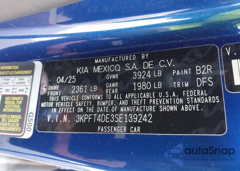 2025 Kia K4 Lxs from USA, damaged, VIN 3KPFT4DE3SE139242